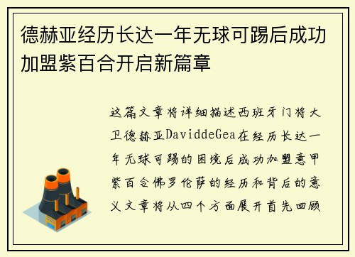 德赫亚经历长达一年无球可踢后成功加盟紫百合开启新篇章 德赫亚经历长达一年无球可踢后成功加盟紫百合开启新篇章