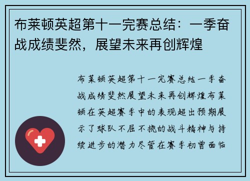 布莱顿英超第十一完赛总结：一季奋战成绩斐然，展望未来再创辉煌
