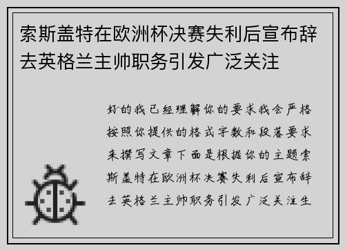 索斯盖特在欧洲杯决赛失利后宣布辞去英格兰主帅职务引发广泛关注 索斯盖特在欧洲杯决赛失利后宣布辞去英格兰主帅职务引发广泛关注