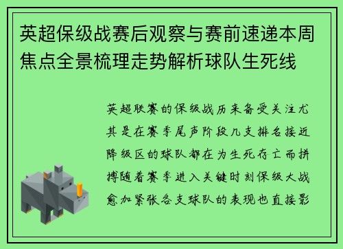 英超保级战赛后观察与赛前速递本周焦点全景梳理走势解析球队生死线